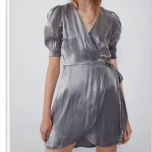 Zara silver silky metallic wrap dress - Size Medium